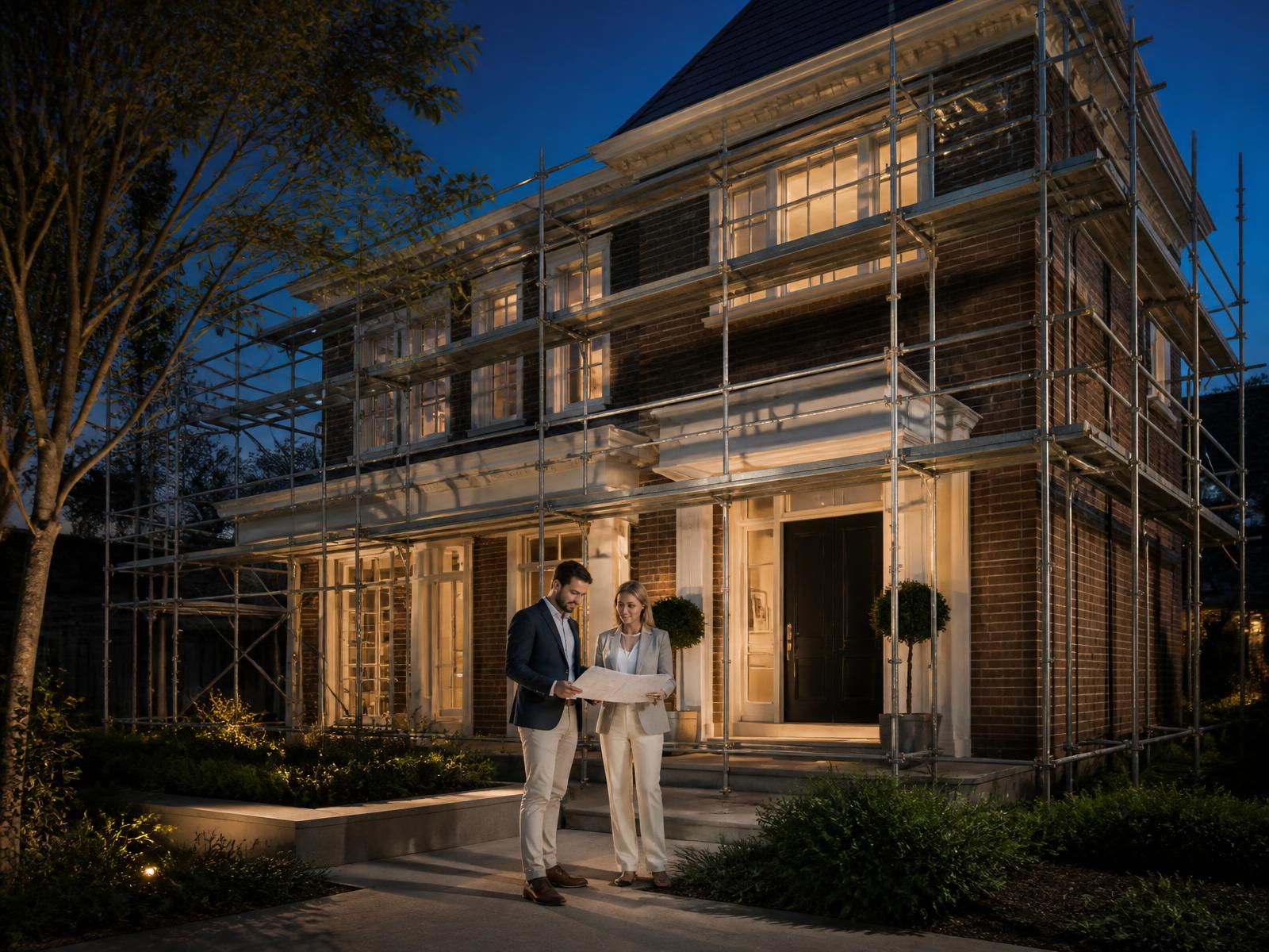Investors reviewing plans in front of a residential property under renovation